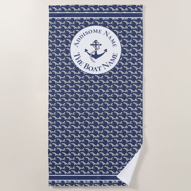 Toalla De Playa Nautical Family Bot Name Navy Blue Anchor White (Anverso)