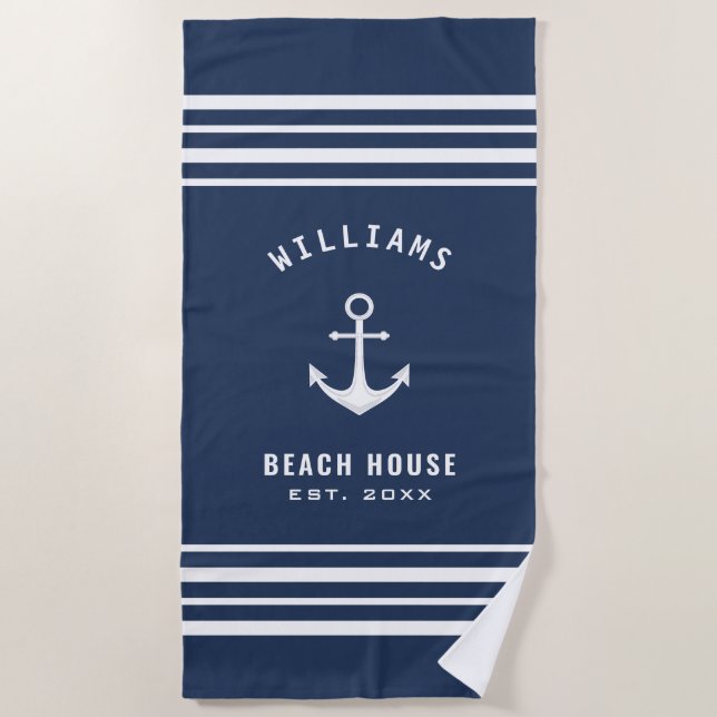 Toalla De Playa Nautical Family Name Beach House Navy Blue White (Anverso)
