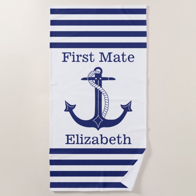 Toalla De Playa Nautical First Mate Blue Anchor Personalizado (Anverso)