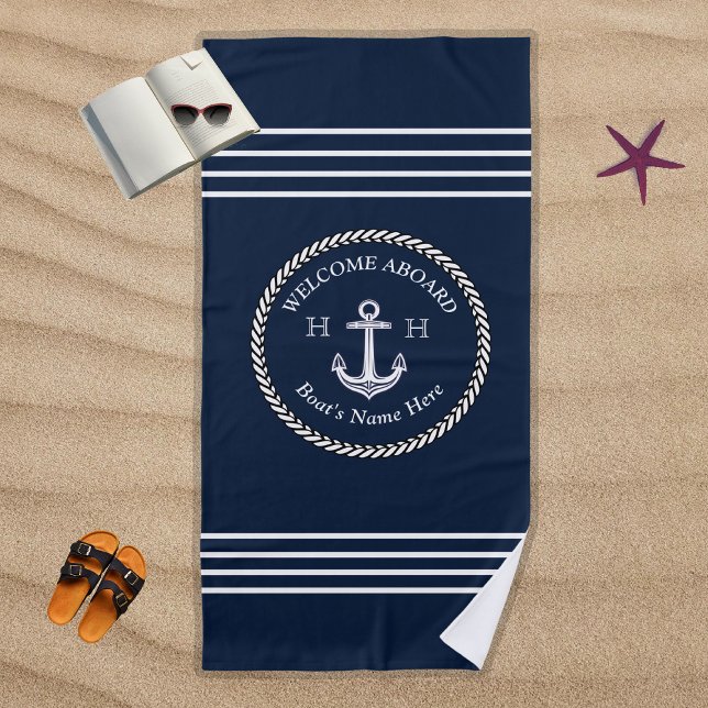 Toalla De Playa Nautical Naval Blue Boat Nombre Anchor Rope (Subido por el creador)