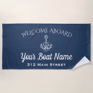 Toalla De Playa Nautical Naval Blue Welcome Aboard Anchor Bot Name