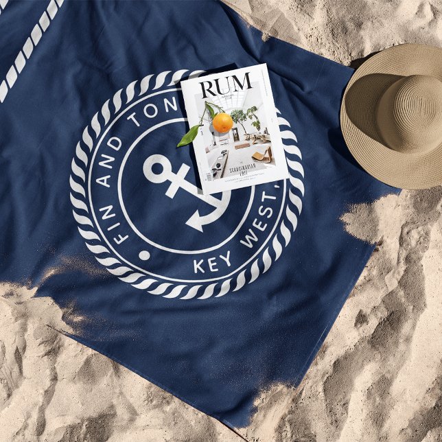 Toalla De Playa Nautical Naval & White Anchor Stripe Bote Nombre (Subido por el creador)