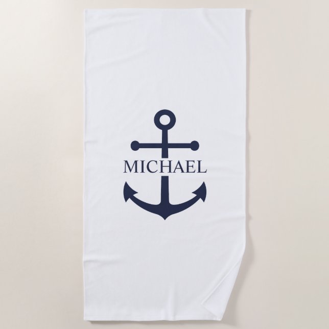 Toalla De Playa Nautical Navy Blue Anchor Nombre Personalizado (Anverso)