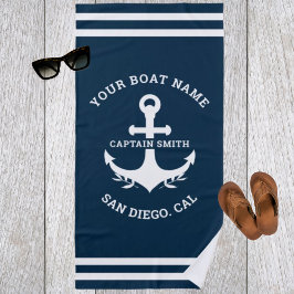 Toalla De Playa Nautical Navy Blue Boat Name