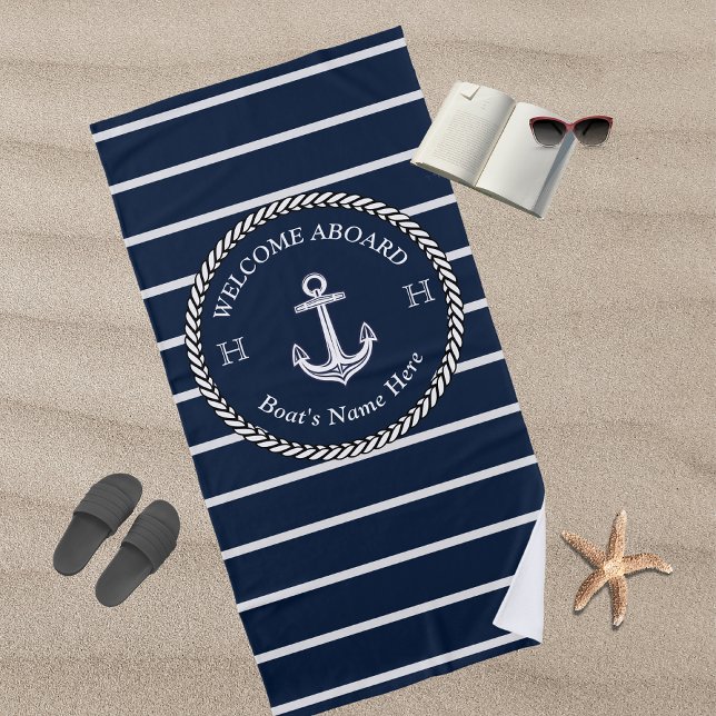 Toalla De Playa Nautical Navy Blue Boat Nombre Anchor Rope Rayado (Subido por el creador)