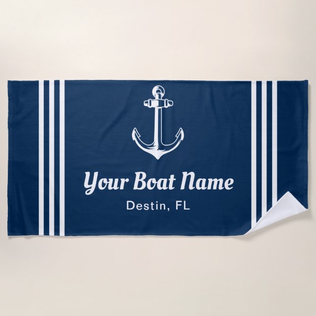 Toalla De Playa Nautical Navy Blue Personalizado Nombre del barco (Anverso)