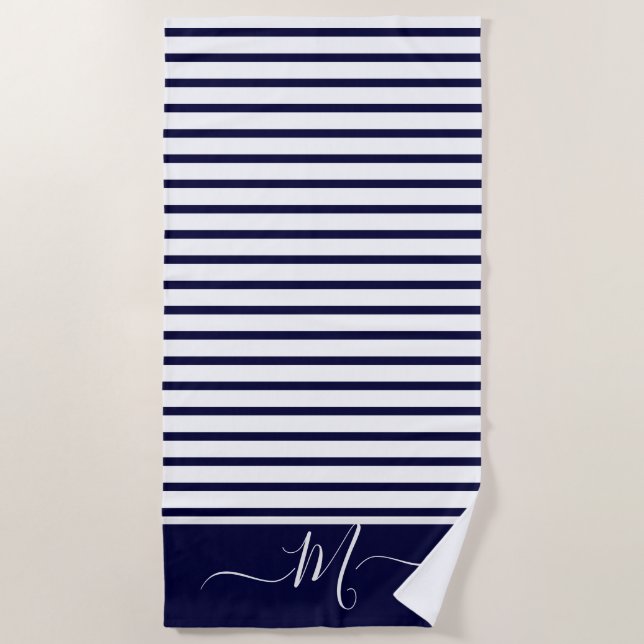 Toalla De Playa Nautical Navy Blue Stried Monograma inicial (Anverso)