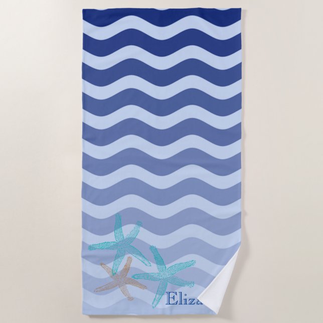Toalla De Playa Nautical Navy Blue Stripe Waves Starfish (Anverso)