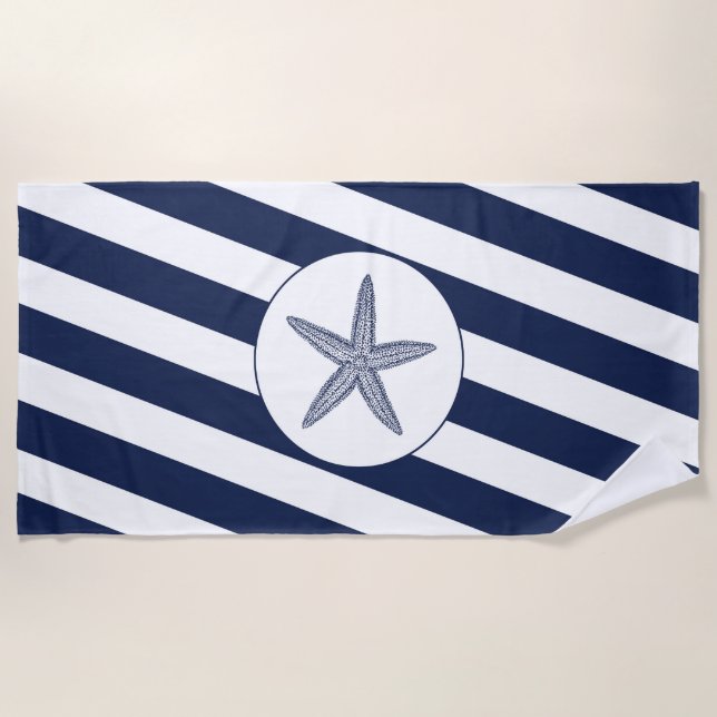 Toalla De Playa Nautical Navy Blue & White Strifish Starfish (Anverso)