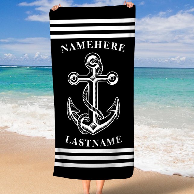 Toalla De Playa Nautical Personalized Name Black Anchor con Rope (Nautical Personalized Name Black Anchor with Rope Beach Towel)