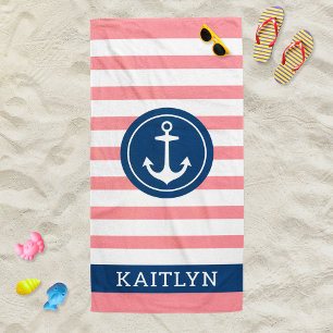 Toalla De Playa Nautical Personalized Name Navy con tiras rosadas