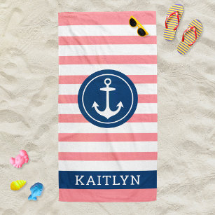 Toalla De Playa Nautical Personalized Name Navy con tiras rosadas