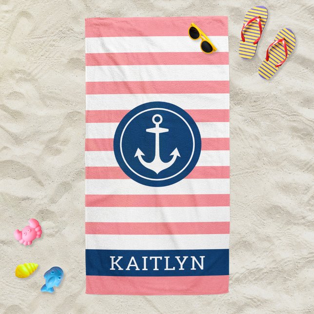 Toalla De Playa Nautical Personalized Name Navy con tiras rosadas (Subido por el creador)