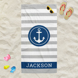Toalla De Playa Nautical Personalized Name Navy Gray Strin