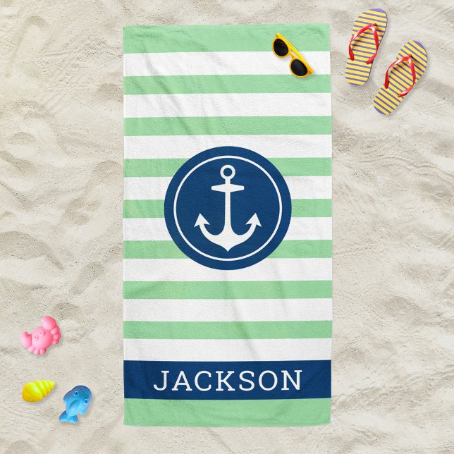 Toalla De Playa Nautical Personalized Name Navy Green Strin (Subido por el creador)