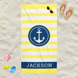 Toalla De Playa Nautical Personalized Name Navy Yellow Strin
