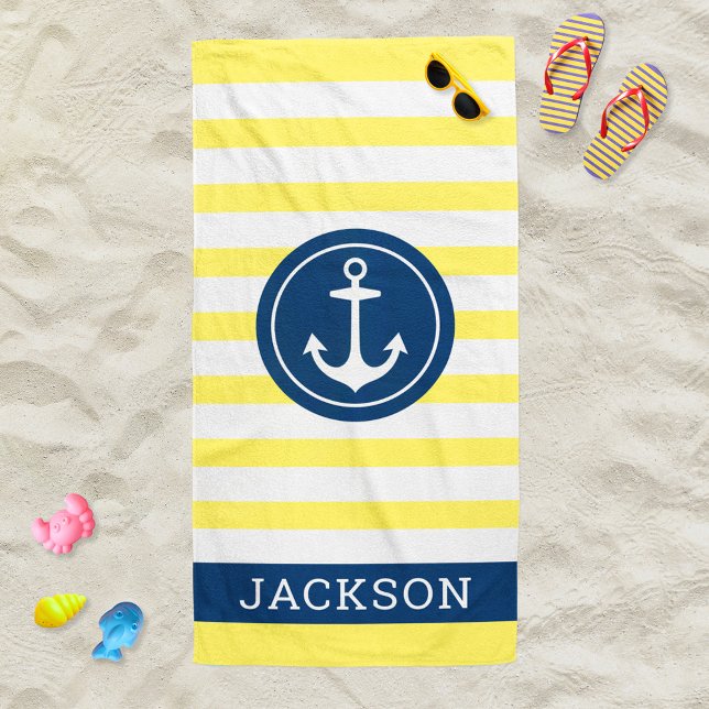 Toalla De Playa Nautical Personalized Name Navy Yellow Strin (Subido por el creador)