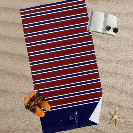Toalla De Playa Nautical Red White Blue Stried Monograma Nombre Ba