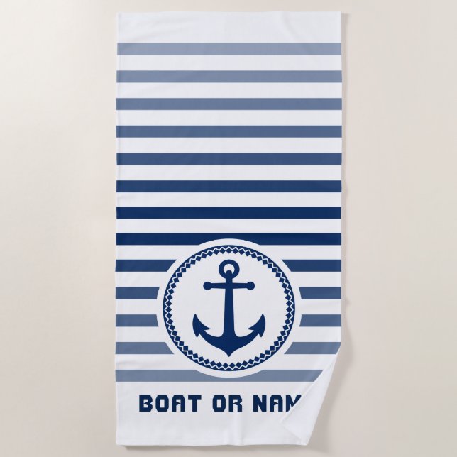 Toalla De Playa Nautical Sea Anchor Your Name or Bote Navy & White (Anverso)