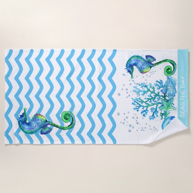 Toalla De Playa Nautical Seahorse Personalizado Verde azulado Aqua (Anverso)