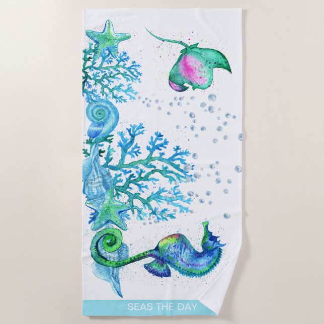 Toalla De Playa Nautical Seahorse Personalizado Verde azulado Aqua (Anverso)
