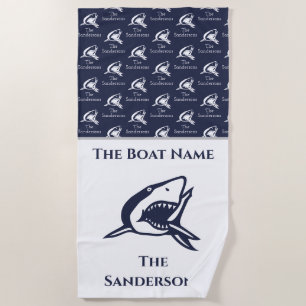 Toalla De Playa Nautical Shark Navy Blue Boat n Family Name