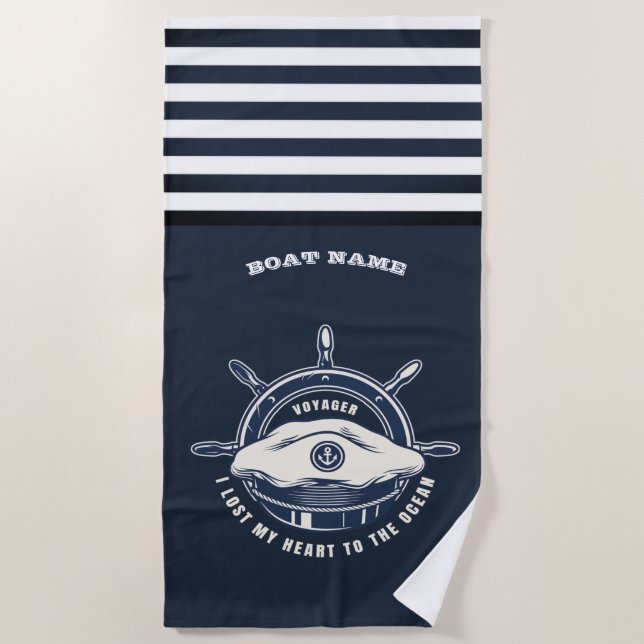 Toalla De Playa Nautical Theme Bote Nombre Navy Banda Azul (Anverso)