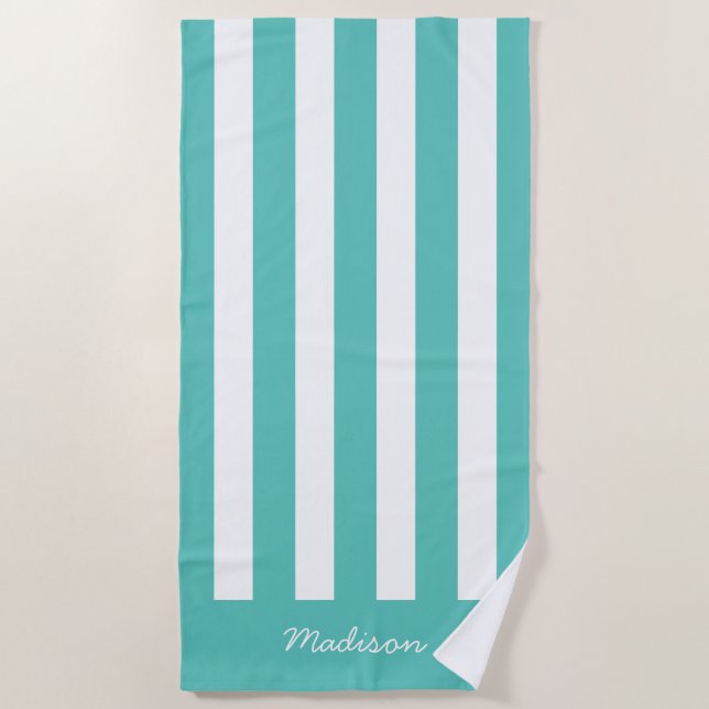 Toalla De Playa Nautical Turquoise & White Stried Custom Name (Anverso)