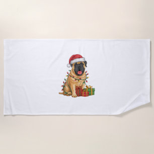 Toalla De Playa Navidad de perro mastiff francés iluminando Santa