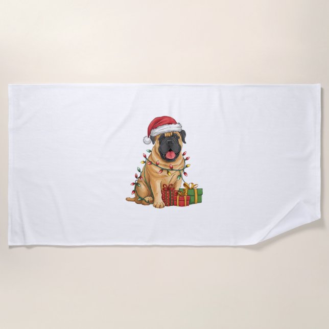 Toalla De Playa Navidad de perro mastiff francés iluminando Santa  (Anverso)