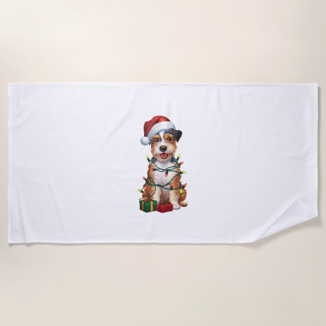 Toalla De Playa Navidad iluminando Santa Hat Australian Terrier Do (Anverso)
