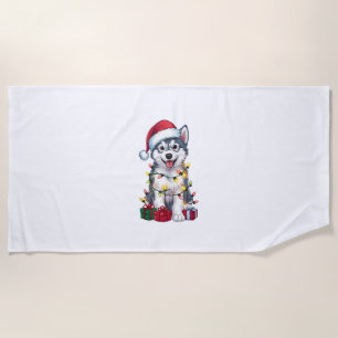 Toalla De Playa Navidad iluminando Santa Hat Perro Malamute Alaska