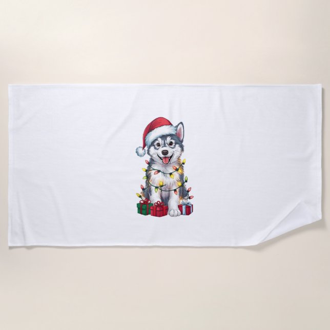 Toalla De Playa Navidad iluminando Santa Hat Perro Malamute Alaska (Anverso)