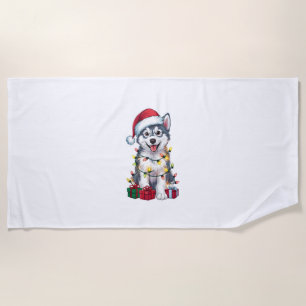 Toalla De Playa Navidad iluminando Santa Hat Perro Malamute Alaska
