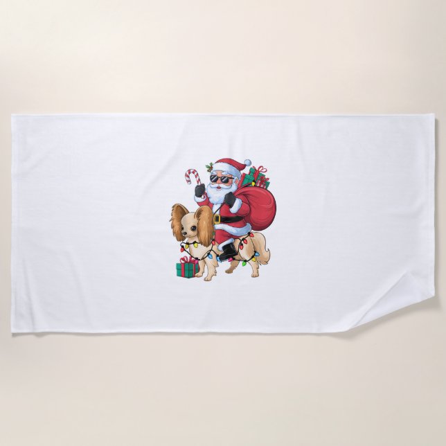 Toalla De Playa Navidad iluminando Santa Riding Chic Crested Dog C (Anverso)