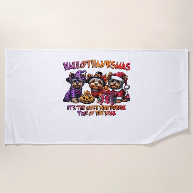 Toalla De Playa Navidades de Acción de Gracias de Yorkshire Terrie (Anverso)