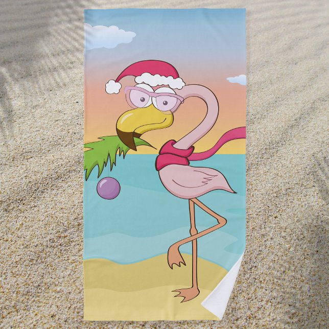 Toalla De Playa Navidades personalizados en la playa (Colorful and fun beach towel with cute Christmas flamingo cartoon design)