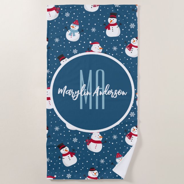 TOALLA DE PLAYA NAVIDADES WINTER SNOWMAN PERSONALIZABLE MONOGRAM (Anverso)