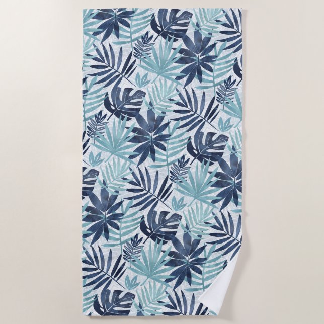 Toalla De Playa Navy Blue Aqua & White Palm Leaf (Anverso)