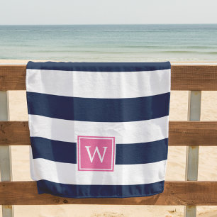 Toalla De Playa Navy Stripe & Pink Monogram