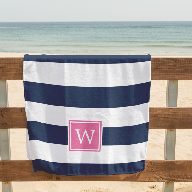 Toalla De Playa Navy Stripe & Pink Monogram (Subido por el creador)