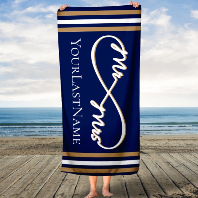 Toalla De Playa Navy y Gold Infinity Stripes Mr. y la Sra. (Subido por el creador)