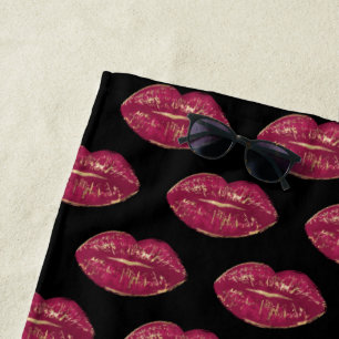 Toalla De Playa Negro con Labios Rojos