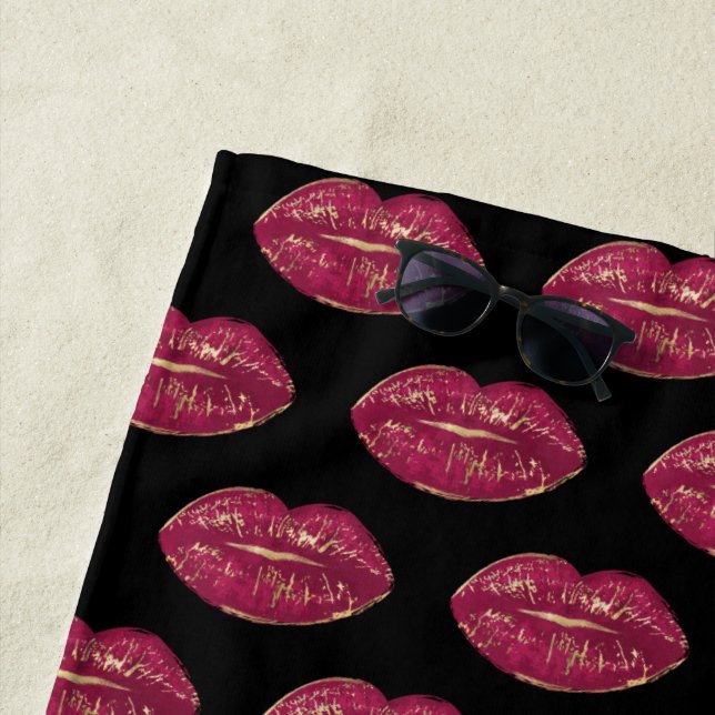 Toalla De Playa Negro con Labios Rojos (In situ)