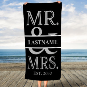 Toalla De Playa Negro y plata Sr. Sra. Personalizada