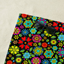 Toalla De Playa Neon Colors On Black Retro Floral Seamless Pattern