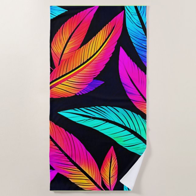 Toalla De Playa Neon Feather Pattern Vibrant Art (Anverso)