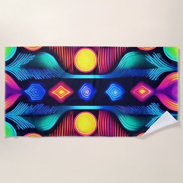 Toalla De Playa Neon Geometric Mandala Art (Anverso)