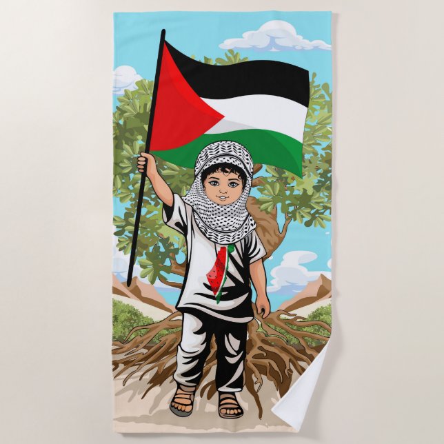 Toalla De Playa Niño con bandera palestina de Keffiyeh y olivo (Anverso)