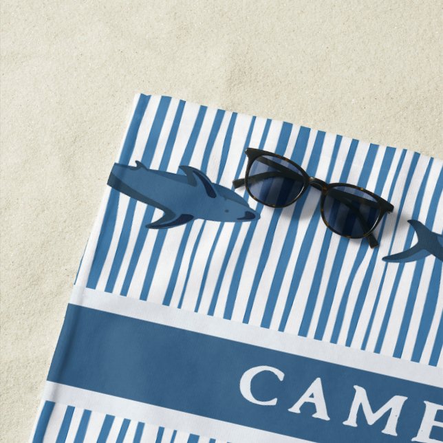 Toalla De Playa Niños a rayas azules y tiburones blancos personali (In situ)